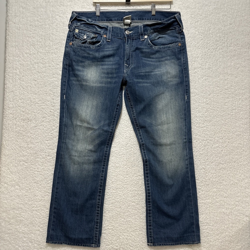 True Religion Men's Blue Straight Leg Jeans Flap Pockets Denim Sz 36 Made In USA